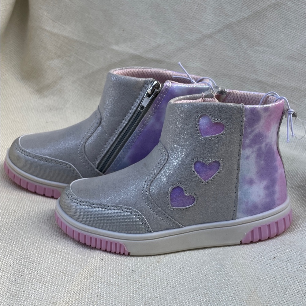 Stride Rite Girls 10 NWT Silver High-Top Sneakers Pink Accents & Heart Cutouts - Picture 5 of 13